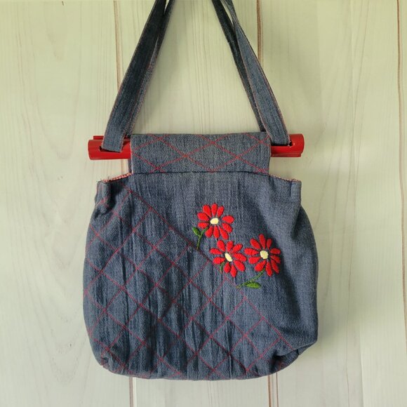 Vintage 1970’s Handmade Reversible Denim Handbag Purse. Medium blue quilted - Picture 3 of 12